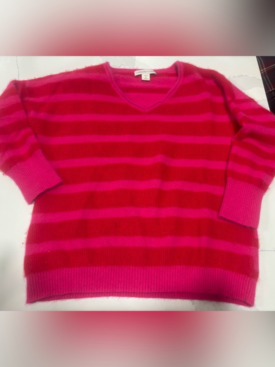 Coldwater Creek Sweaters - Coldwater Creek Bright Pink and Red Striped V-Neck cashmere Sweater